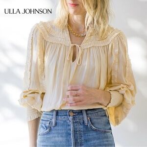 Ulla Johnson Mila Blouse Dawn Ivory Pleated Linear Ruffle Sleeve & Neckline Top